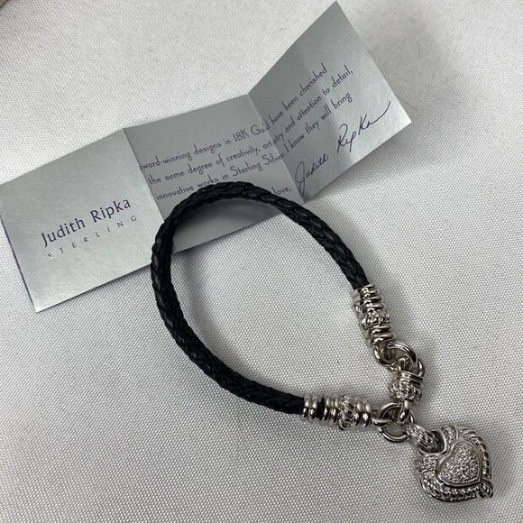 Judith Ripka braided leather cord heart bracelet, sterling silver - Picture 2 of 5